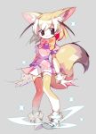  :3 amakusa_(hidorozoa) animal_ears blonde_hair bow bowtie brown_eyes closed_mouth commentary eyebrows_visible_through_hair fennec_(kemono_friends) fox_ears fox_tail fur_trim grey_background kemono_friends multicolored_hair orange_legwear orange_neckwear pink_sweater puffy_short_sleeves puffy_sleeves shoes short_sleeves simple_background solo standing sweater tail thighhighs white_footwear 