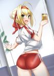  ahoge ass ayuayu_(shouyu_no_sato) bangs blonde_hair blush braid breasts buruma cellphone eyebrows_visible_through_hair fate/extra fate/grand_order fate_(series) french_braid green_eyes gym_uniform hair_bun hips large_breasts looking_at_viewer looking_back name_tag nero_claudius_(fate) nero_claudius_(fate)_(all) olympian_bloomers open_mouth phone red_headband self_shot shirt smile solo thighs white_shirt 