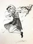  bangs bow closed_mouth commentary_request full_body greyscale hair_bow highres holding holding_sword holding_weapon konpaku_youmu looking_to_the_side mashimashi monochrome pleated_skirt shoes short_hair short_sleeves skirt skirt_set solo sword touhou traditional_media weapon 