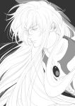  black_background cardcaptor_sakura commentary english_commentary eyebrows_visible_through_hair greyscale hair_between_eyes kanapy long_hair male_focus monochrome parted_lips simple_background solo yue_(ccs) 