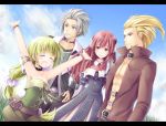  blonde_hair bow braid breasts commentary_request green_hair gustaf long_hair multi-tied_hair multiple_boys multiple_girls ponytail primiera_(saga) ribbon roberto saga saga_frontier saga_frontier_2 shorts smile takana_(srplus) very_long_hair virginia_knights 