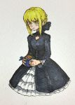  absurdres artoria_pendragon_(all) bangs black_dress blonde_hair blush closed_mouth colorized dress eating fate_(series) food food_on_face hamburger highres holding holding_food long_sleeves looking_at_viewer mashimashi saber_alter short_hair solo traditional_media yellow_eyes 