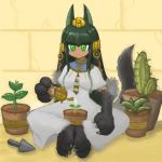  alternate_costume animal_ears anubis_(monster_girl_encyclopedia) artist_request barefoot closed_mouth commentary_request commission dress egyptian fewer_digits green_eyes green_hair hair_ornament holding indian_style kinone long_dress monster_girl monster_girl_encyclopedia necktie paws plant pot potted_plant sand sitting smile snake_hair_ornament solo tail tail_raised watering watering_can white_dress wolf_ears wolf_tail 
