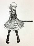 artoria_pendragon_(all) bangs boots closed_mouth dress expressionless fate_(series) full_body greyscale highres long_sleeves looking_at_viewer mashimashi monochrome saber_alter short_hair sidelocks solo spot_color standing sword traditional_media weapon 
