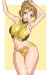  armpits arms_up bikini blue_eyes breasts brown_hair cameltoe commentary_request contrapposto cowboy_shot grey_scrunchie gundam gundam_build_fighters gundam_build_fighters_try highres hoshino_fumina large_breasts legs_together long_hair looking_at_viewer navel open_mouth ozaneko ponytail scrunchie shiny shiny_clothes shiny_hair shiny_skin sideboob simple_background solo standing swimsuit white_background yellow_bikini 