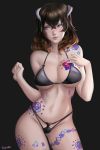  absurdres artist_name bloodstained:_ritual_of_the_night blue_eyes blush bra brown_hair commentary english_commentary hair_between_eyes highres horns looking_at_viewer miriam_(bloodstained) panties ragecndy short_hair solo tattoo underwear 