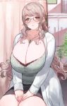 ahoge breasts brown_eyes brown_hair c.cu cleavage curvy glasses hair_ribbon hands_on_lap huge_breasts jewelry labcoat long_hair miniskirt necklace original plump ribbon sitting skirt solo thick_thighs thighs very_long_hair 