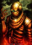  alien cybernetics cyborg fire gears glowing glowing_eyes gold_armor golem gore humanoid intestines looking_at_viewer machine not_furry steampunk the-last-phantom yellow_sclera 