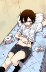  bags_under_eyes bandage_on_face bandages black_hair black_legwear closed_eyes commentary_request drooling highres korean_commentary lee_hoon lifted_by_self lying male_focus mattress navel on_back on_bed parkgee pillow saliva shirt_lift shorts sleeping socks solo suicide_boy toilet_paper 