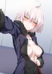  ahoge ayuayu_(shouyu_no_sato) bangs black_dress blue_coat blush breasts center_opening coat dress eyebrows_visible_through_hair fate/grand_order fate_(series) full-length_zipper fur-trimmed_coat fur_trim half-closed_eyes jeanne_d'arc_(alter)_(fate) jeanne_d'arc_(fate)_(all) jewelry looking_at_viewer medium_breasts necklace open_clothes open_coat outstretched_arm reaching_out self_shot short_hair silver_hair smile solo unzipping upper_body wicked_dragon_witch_ver._shinjuku_1999 yellow_eyes zipper 