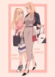  arm_holding bag blonde_hair commentary_request fullmetal_alchemist hand_on_another's_arm handbag height_difference high_heels highres multiple_girls ozaki_(tsukiko3) riza_hawkeye shoes shopping_bag sneakers winry_rockbell 