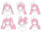  alternate_hairstyle bow bowtie braid curly_hair double_bun expressionless furukawa_(yomawari) hair_bow hata_no_kokoro highres long_hair mask multiple_views partially_colored pink_hair ponytail touhou translation_request twin_braids two_side_up upper_body white_background 