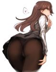  arashio_(kantai_collection) ass breasts brown_eyes brown_hair cowboy_shot dress finger_to_mouth hand_on_hip hand_on_own_thigh heart kantai_collection long_hair long_sleeves looking_at_viewer looking_back medium_breasts panties panties_under_pantyhose pantyhose pinafore_dress remodel_(kantai_collection) simple_background sketch solo spoken_heart underwear utopia white_background 