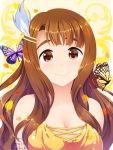  bad_id bad_twitter_id bangs bare_shoulders bracelet breasts bug butterfly cleavage closed_mouth commentary_request dress hair_ornament hairclip highres idolmaster idolmaster_million_live! insect jewelry large_breasts long_hair looking_at_viewer miyao_miya petals simple_background smile solo totokichi upper_body yellow_dress 