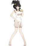  barefoot bell black_eyes black_hair breasts cleavage collarbone cup eyebrows_visible_through_hair full_body hair_bell hair_ornament hand_on_hip holding holding_cup lark_(log_horizon) log_horizon long_hair looking_at_viewer medium_breasts naked_towel official_art solo standing towel transparent_background white_towel 
