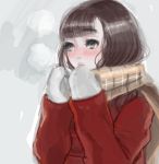  1girl arms_up black_hair blush breath brown_eyes brown_scarf checkered checkered_scarf coat commentary_request gloves grey_background hand_to_own_mouth long_sleeves original parted_lips red_coat scarf solo tomohide white_gloves 