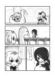  comic dancing emperor_penguin_(kemono_friends) eyebrows_visible_through_hair flying_sweatdrops greyscale hair_over_one_eye hairband headphones highres japari_symbol kemono_friends kemono_friends_pavilion kotobuki_(tiny_life) lake microphone mittens monochrome multiple_girls musical_note one_eye_covered playground_equipment_(kemono_friends_pavilion) royal_penguin_(kemono_friends) short_hair silky_anteater_(kemono_friends) smile swan_boat sweatdrop translated 