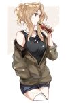  bare_shoulders blonde_hair blue_eyes bomber_jacket breasts coke_bottle cropped_legs dog_tail girls_und_panzer glass_bottle gradient gradient_background hair_intakes hand_in_pocket highres jacket kay_(girls_und_panzer) medium_breasts off_shoulder outside_border short_ponytail soda_bottle solo tail thighhighs white_legwear yuuyu_(777) 