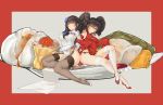  bangs baozi bare_shoulders black_hair blue_flower breasts brown_eyes china_dress chinese_clothes commentary covered_nipples dim_sum double_bun dress dumpling fan flower food foodtoyc garter_belt girls_frontline gloves hair_bun hair_ribbon highres hips large_breasts locked_arms long_hair medium_breasts minigirl multiple_girls open_mouth oversized_food oversized_object panties pelvic_curtain pumps qbz-95_(girls_frontline) qbz-97_(girls_frontline) red_dress ribbon roe shumai_(food) siblings side-tie_panties side_slit sidelocks sisters sleeves_past_fingers sleeves_past_wrists smile thighhighs two-tone_background underwear white_dress 