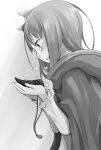  animal_ears ayakura_juu blush cape crying crying_with_eyes_open from_side greyscale holding holo long_hair monochrome novel_illustration official_art parted_lips solo spice_and_wolf tears upper_body white_background wolf_ears wolf_girl 