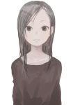  absurdres brown_eyes brown_shirt grey_hair highres long_hair long_sleeves looking_at_viewer original parted_lips shirt simple_background smile solo upper_body white_background yamamoto_souichirou 