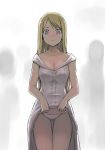  ass_visible_through_thighs blonde_hair blue_eyes blush breasts character_request cleavage copyright_request cowboy_shot dress dress_lift eyebrows_visible_through_hair grey_background legs_together long_dress medium_breasts nose_blush panties solo standing tea_(nakenashi) thigh_gap underwear white_dress white_panties 