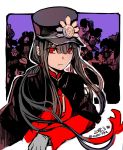  black_hair cape commentary_request dated eyebrows_visible_through_hair fate/grand_order fate_(series) gloves hair_between_eyes hat highres jacket long_hair long_sleeves looking_at_viewer low_twintails male_focus oda_nobukatsu_(fate/grand_order) peaked_cap red_eyes red_jacket rioka_(southern_blue_sky) solo twintails twitter_username upper_body 