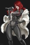  absurdres black_background bodysuit covered_navel fur_coat hair_over_one_eye hand_on_hip highres kirijou_mitsuru long_hair pale_skin persona persona_3 persona_4:_the_ultimate_in_mayonaka_arena ragecndy rapier red_eyes red_hair solo sword weapon 