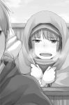  1girl ayakura_juu craft_lawrence eyebrows_visible_through_hair fangs greyscale holo hood looking_at_viewer monochrome novel_illustration official_art open_mouth outdoors spice_and_wolf upper_body 
