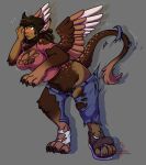  2018 anthro big_breasts blush breasts brown_hair clothing crimsoneclipse female green_eyes grey_background hair open_mouth simple_background solo sphinx standing torn_clothing transformation wings 