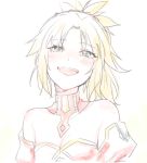  :d bangs bare_shoulders blonde_hair blue_eyes blush breasts commentary_request detached_collar eyebrows_visible_through_hair fate/apocrypha fate_(series) hair_ornament hair_scrunchie ica looking_at_viewer mordred_(fate) mordred_(fate)_(all) open_mouth pale_color parted_bangs ponytail red_scrunchie scrunchie short_hair simple_background small_breasts smile solo tears upper_body white_background 