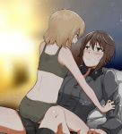  angry arm_grab arm_support ass back bangs bed_sheet black_bra black_legwear black_panties black_skirt blonde_hair blue_eyes blurry blurry_background blush bra brown_eyes brown_hair commentary depth_of_field dress_shirt eyebrows_visible_through_hair fang from_behind frown girls_und_panzer grey_shirt katyusha kuromorimine_school_uniform leaning_forward light_particles long_sleeves lying miniskirt multiple_girls nishizumi_maho on_back panties pleated_skirt school_uniform shirt short_hair skirt socks straddling sweatdrop training_bra underwear underwear_only yuri yuuhi_(arcadia) 