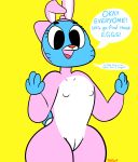 2018 4_fingers anthro blue_fur bunny_costume bunny_ears_(disambiguation) camel_toe cartoon_network cat clothing costume dialogue digital_media_(artwork) easter easter_egg english_text feline female flat_chested fur hi_res holidays looking_at_viewer mammal mature_female mother nicole_watterson nipples pajamas parent simple_background skadog standing text the_amazing_world_of_gumball whiskers yellow_background 