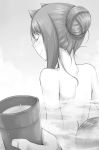  animal_ears ayakura_juu closed_eyes from_behind greyscale hair_bun holding holo long_hair monochrome novel_illustration nude official_art onsen partially_submerged smile spice_and_wolf tail upper_body wolf_ears wolf_tail 