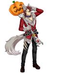  animal_ears belt black_pants boots brown_footwear brown_hair collar collarbone fang_out fox_ears fox_tail full_body halloween_costume hand_on_head holding isaac_(log_horizon) log_horizon looking_at_viewer male_focus official_art pants pumpkin solo standing tail torn_clothes torn_pants transparent_background 