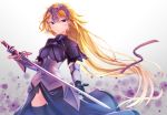  absurdres armor armored_dress black_dress black_legwear blonde_hair chain cowboy_shot dress fate/apocrypha fate_(series) floating_hair gauntlets gradient gradient_background hair_ribbon highres holding holding_sword holding_weapon jeanne_d'arc_(fate) jeanne_d'arc_(fate)_(all) long_hair purple_eyes purple_ribbon ribbon solo standing sword thighhighs very_long_hair weapon yuu_ms1974 