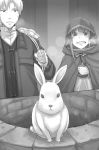  1girl alternate_form ayakura_juu bag bunny cape clenched_teeth craft_lawrence greyscale hilde_schnau holding holding_bag holo hood hooded long_hair monochrome novel_illustration official_art outdoors spice_and_wolf sweatdrop teeth well 