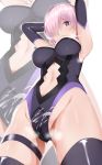  armpits arms_up bad_id bad_pixiv_id blush breasts commentary_request crotch cum cum_on_body cum_on_clothes cum_on_lower_body elbow_gloves eyebrows_visible_through_hair fate/grand_order fate_(series) gloves hair_over_one_eye heavy_breathing highleg highleg_leotard highres hips large_breasts lavender_hair leotard looking_at_viewer mash_kyrielight nari_(ya_ha) navel navel_cutout purple_eyes purple_gloves purple_legwear purple_leotard short_hair solo strapless strapless_leotard thigh_strap thighhighs thighs white_background 