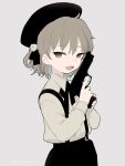  :d bangs black_hat brown_eyes collared_shirt commentary_request eyebrows_visible_through_hair fang fangs fingernails flower grey_background grey_hair gun hair_flower hair_ornament handgun hat hatoba_tsugu hatoba_tsugu_(character) holding holding_gun holding_weapon ica long_sleeves mole mole_under_eye open_mouth pistol shirt short_hair simple_background smile solo suspenders trigger_discipline weapon wing_collar 