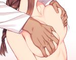  1girl blew_andwhite braid breast_grab breast_lift breasts brown_hair close-up collarbone commentary_request dark_skin dark_skinned_male deep_skin from_side grabbing grabbing_from_behind gradient gradient_background hetero highres kantai_collection large_breasts long_hair noshiro_(kantai_collection) off_shoulder out_of_frame pink_background sidelocks simple_background solo_focus sweat upper_body 