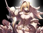  aestus_estus ahoge belt black_background blonde_hair breasts bridal_veil cleavage commentary_request detached_sleeves fate/extra fate/extra_ccc fate_(series) gloves green_eyes hand_on_hip highres holding holding_sword holding_weapon lock looking_at_viewer medium_breasts nero_claudius_(bride)_(fate) nero_claudius_(fate)_(all) padlock padlocked_collar rahato short_hair solo sword veil weapon white_gloves white_sleeves zipper 