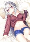  absurdres ahoge bangs bed_sheet blue_shorts blush breasts brown_hoodie cleavage collarbone commentary_request eyebrows_visible_through_hair groin hair_between_eyes highres hood hoodie hoodie_lift kamioka_shun'ya long_hair long_sleeves looking_at_viewer lying medium_breasts navel on_back open_fly original parted_lips pillow purple_eyes shiori_(kamioka_shun'ya) short_shorts shorts sidelocks silver_hair sleeves_past_wrists solo translated unbuttoned very_long_hair 