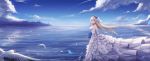  ain_(3990473) alternate_costume bird blonde_hair blue_eyes blue_flower bouquet breasts bridal_veil cloud day dress elbow_gloves flower gloves highres large_breasts layered_dress lexington_(zhan_jian_shao_nyu) long_hair looking_at_viewer ocean outdoors seagull sky smile solo standing standing_on_liquid strapless strapless_dress veil wedding_dress white_dress white_gloves zhan_jian_shao_nyu 