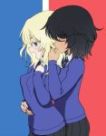  andou_(girls_und_panzer) bangs bc_freedom_school_uniform black_hair black_skirt blonde_hair blue_neckwear blue_sweater blush closed_mouth commentary_request dark_skin dress_shirt eyebrows_visible_through_hair flag_background french_flag from_side frown girls_und_panzer hand_in_hair hand_on_another's_waist hug hug_from_behind light_smile long_sleeves medium_hair messy_hair miniskirt multiple_girls necktie open_mouth oshida_(girls_und_panzer) pleated_skirt school_uniform shirt skirt smelling_hair standing sweater upper_body wata_do_chinkuru white_shirt wing_collar yuri 