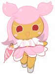  2018 blush cherry_blossom_cookie clothed clothing cookie_run dress female food_creature humanoid looking_at_viewer not_furry open_mouth pussy simple_background solo tatwuyan umbrella 
