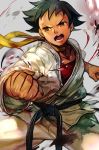  belt black_belt black_hair brown_eyes dougi grey_background hankuri legs_apart makoto_(street_fighter) open_mouth pants punching red_shirt shirt solo standing street_fighter white_pants 