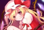  blonde_hair blush commentary_request fang flandre_scarlet from_side grin hat highres long_hair looking_at_viewer mob_cap neck_ribbon puffy_short_sleeves puffy_sleeves purple_background red_eyes red_ribbon red_vest ribbon short_sleeves simple_background smile solo touhou vanilla_(miotanntann) vest wings 