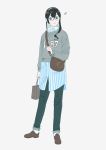  bag black_hair casual full_body glasses green_eyes grey_background hairband kantai_collection long_hair long_sleeves looking_at_viewer ojipon ooyodo_(kantai_collection) pants paper_bag shirt shoes simple_background smile solo standing striped striped_shirt sweater 