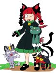  :3 alolan_form alolan_meowth animal_ears black_bow black_footwear bow cat_ears cat_paws crossover fang furukawa_(yomawari) gen_2_pokemon gen_7_pokemon grass hair_bow hand_on_hip holding juliet_sleeves kaenbyou_rin litten long_sleeves looking_at_another no_nose one_eye_closed open_mouth paws pokemon pokemon_(creature) puffy_sleeves sneasel standing touhou white_background 