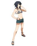  anklet bikini black_eyes black_hair bracelet breasts cleavage collarbone cutoffs full_body grey_shorts hair_between_eyes hand_in_hair hand_on_hip highleg highleg_bikini jewelry log_horizon looking_at_viewer medium_breasts navel necklace official_art sandals short_hair_with_long_locks short_shorts shorts sideboob sidelocks solo standing stomach striped_bikini_top swimsuit takayama_misa torn_clothes torn_shorts transparent_background 